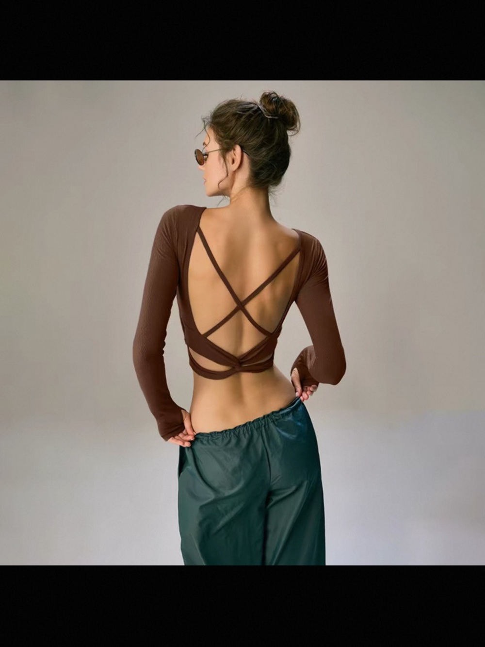 Open-Back Strappy Long Sleeve Top - Chocolate Brown NWOT super sexy bra inside